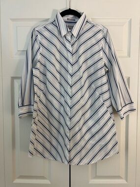 Chico's White and Blue Striped Button-Up Shirt